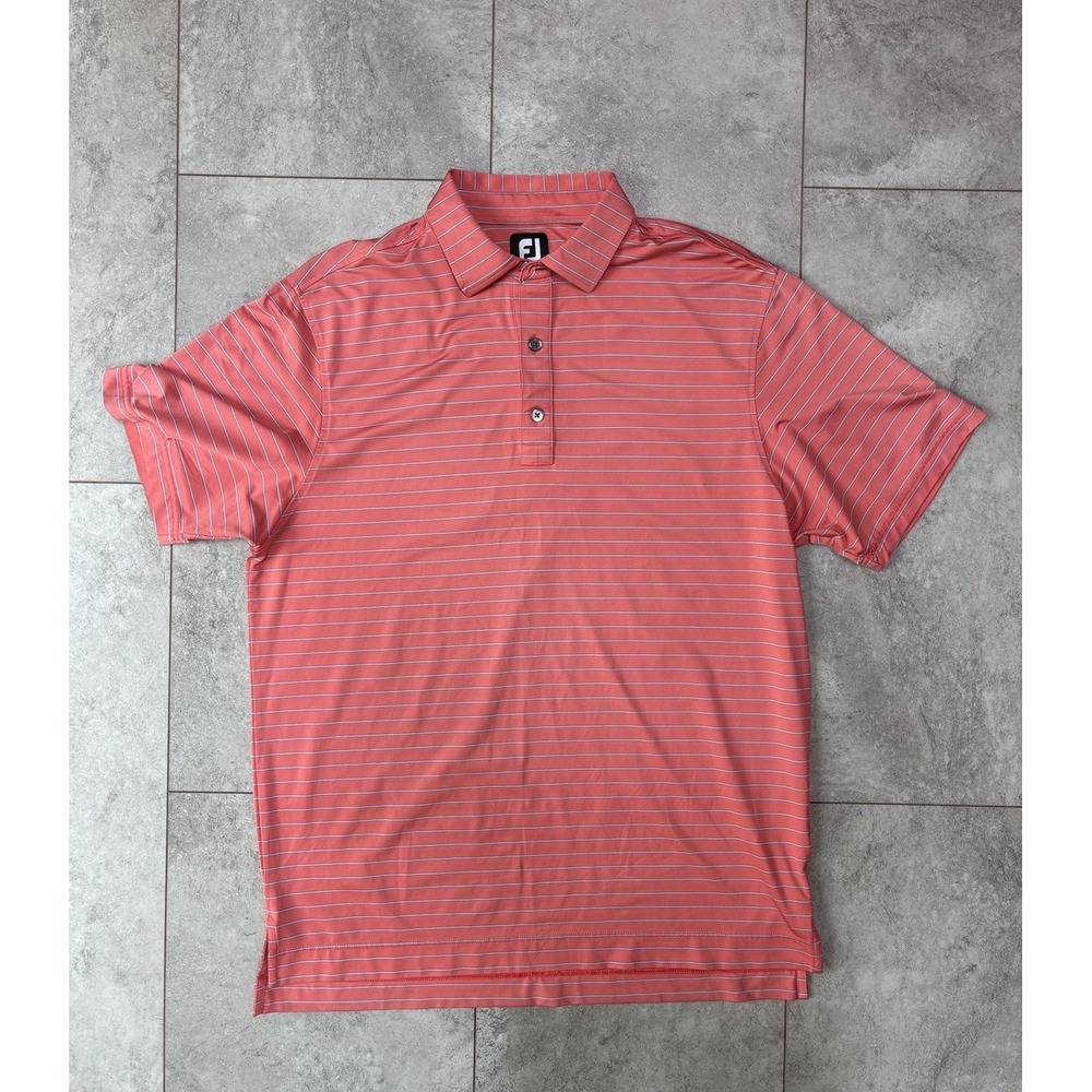 FootJoy FJ Men's Medium Coral Pink Striped Golf Polo Shirt Performance Preppy